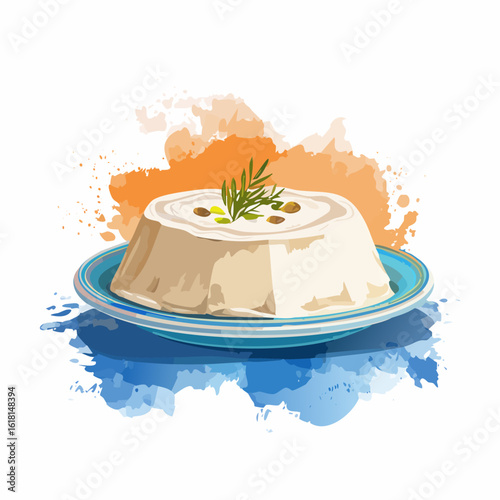 Elegant molded cream pudding with pistachio and herb garnish on a blue striped plate.