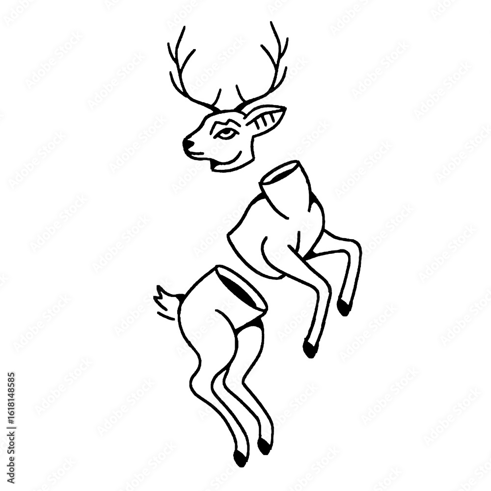 Fototapeta premium Stylized deer illustration, dismembered sections floating on gray background