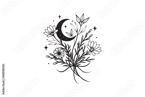 Elegant Black and White Floral Bouquet with Crescent Moon and Stars a Minimalist Illustration for Tattoo Design Invitations or Decorative Elements on a White Background