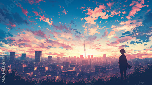 夕暮れ時の街の景色を俯瞰で描いたパノラマ構図のイラスト、やわらかなタッチとノスタルジー漂う色彩が特徴で、手描き感のある心に残る風景アート作品