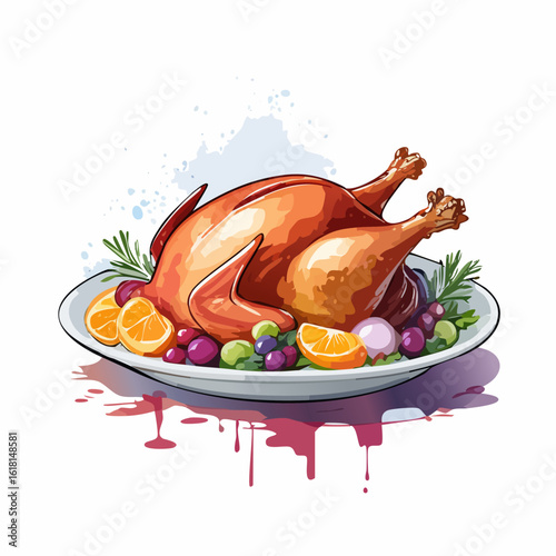 Festive roasted turkey with fruit garnish, a stylized watercolor illustration with drips.