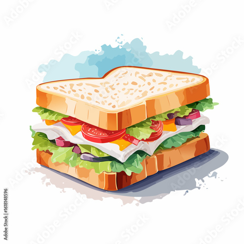 Stylized watercolor illustration of a layered deli sandwich with fresh vegetables and cheese.