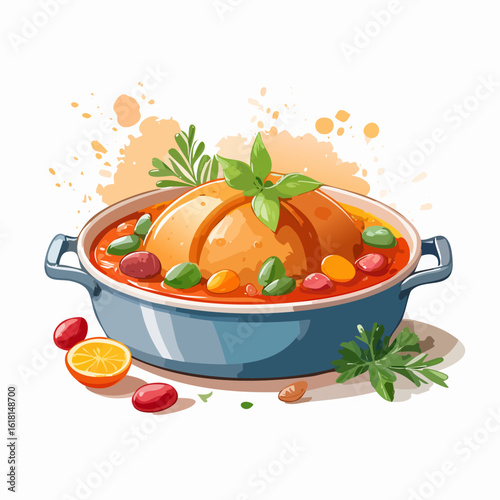 Savory stew with a large dumpling, fresh basil, and colorful vegetables in a blue pot.