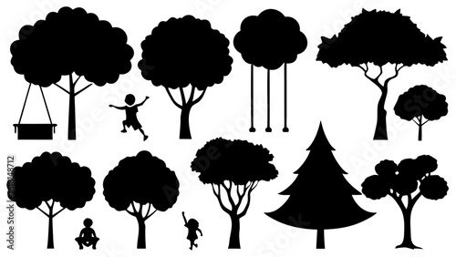 A collection of nine black silhouette forest trees with varied foliage and height, arranged horizontally.