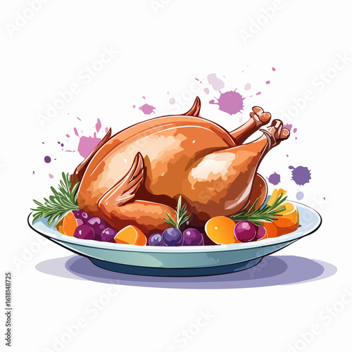 Golden-brown roasted turkey illustration on a platter with rosemary, grapes, and orange slices.