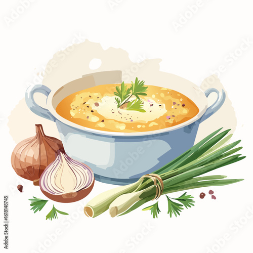 Hearty onion soup in a blue pot, garnished with cream and parsley, with fresh scallions.