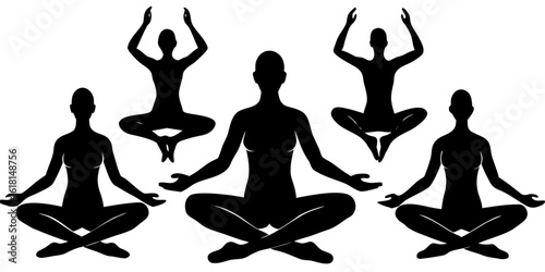 Black vector silhouettes of seven yoga poses with diverse body forms on a white background, evenly spaced in calm symmetry.
