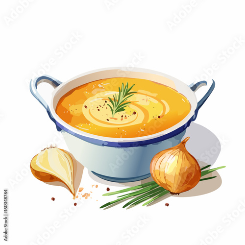 A rustic bowl of creamy orange vegetable soup garnished with rosemary, surrounded by fresh onion and garlic.