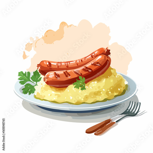 A delicious plate of two grilled sausages served over creamy mashed potatoes with a fresh parsley garnish.