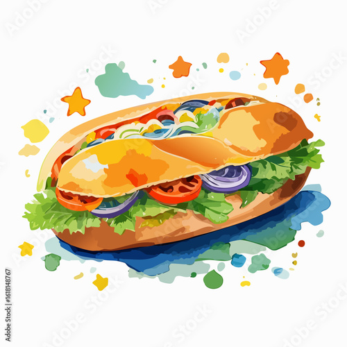 Colorful watercolor illustration of a fresh submarine sandwich with lettuce, tomato, and onion.