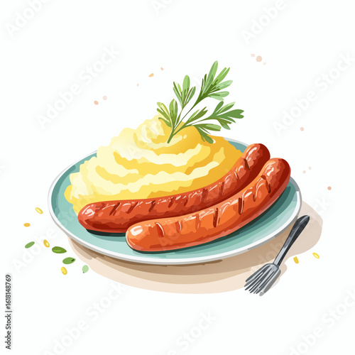 Hearty meal of two grilled sausages and creamy mashed potatoes with a parsley sprig on a blue plate.