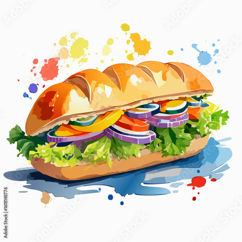 Colorful watercolor illustration of a fresh submarine sandwich with vegetables.