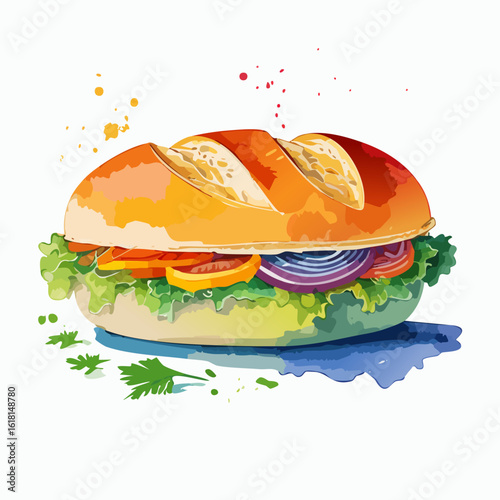 Artistic watercolor illustration of a fresh sub sandwich on a scored baguette with lettuce, tomato, and red onion.