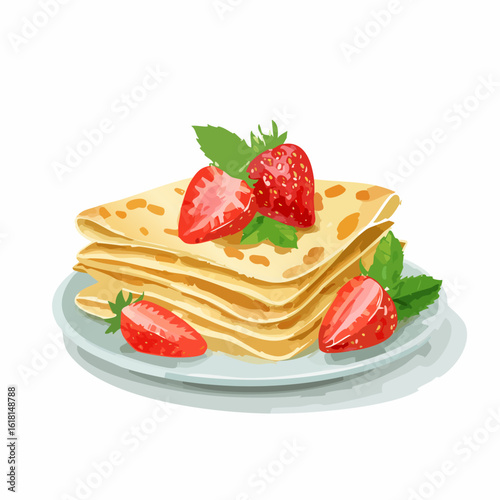 A delicious stack of folded golden crepes, garnished with fresh strawberries and mint leaves, served on a plate.