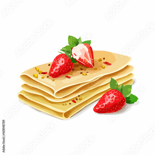 A delicious stack of folded crepes garnished with fresh strawberries, mint leaves, and a sprinkle of nuts.