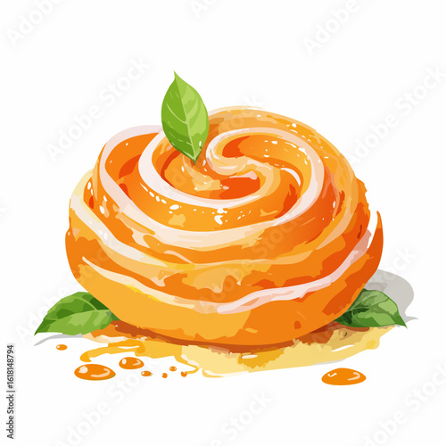 Golden orange swirl bun drizzled with sweet icing, honey syrup, and garnished with a fresh mint leaf.