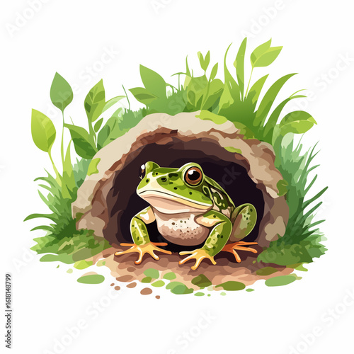 Illustrated green frog with large brown eyes and spotted skin at its grassy burrow entrance.