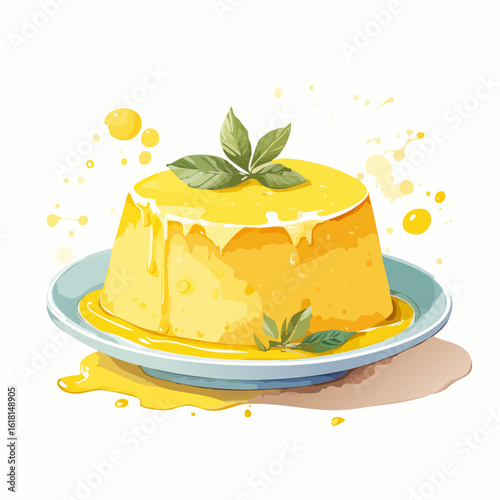 A vibrant yellow pudding dessert with dripping glaze and fresh mint leaves, illustrated in a watercolor style.