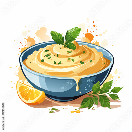 A bowl of creamy, swirled yellow dip garnished with fresh green herbs and served with a citrus wedge.