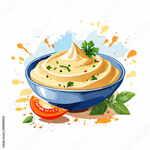 Appetizing bowl of creamy, swirled dip garnished with fresh herbs, basil, and tomato.