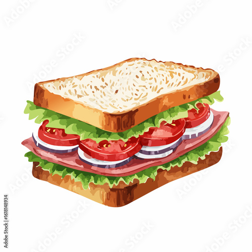 Classic ham sandwich with lettuce, tomato, and onion on white bread, watercolor style illustration.