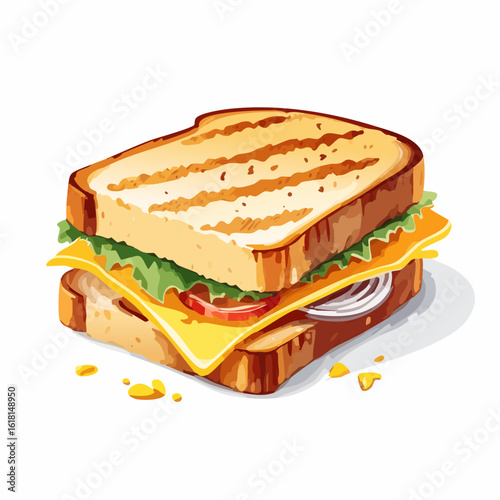 Toasted panini sandwich with grill marks, layered with melted cheese, lettuce, tomato, and fresh onion slices.
