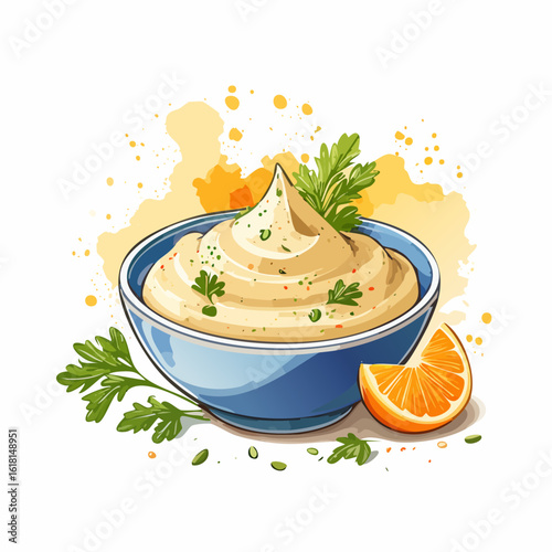 A vibrant illustration of a creamy, swirled dip in a blue bowl, garnished with fresh parsley and a juicy orange slice.