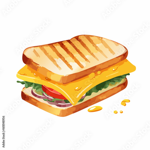 Grilled panini sandwich with melted cheese and fresh vegetables, watercolor illustration.