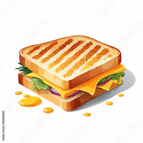 Appetizing grilled panini sandwich with melted cheddar cheese, lettuce, and red onion.