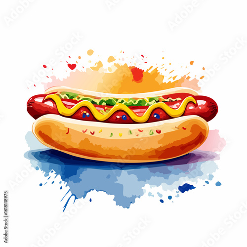 Stylized watercolor hot dog with mustard, relish, and colorful paint splatters.