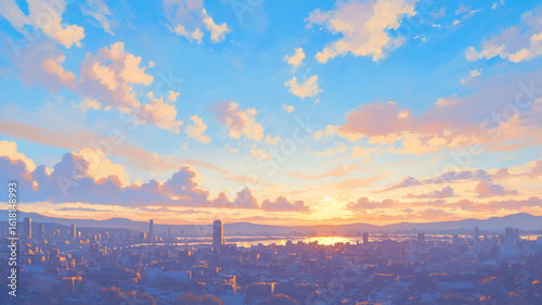 街並み全体を見渡すパノラマの風景にオレンジ色の夕焼けが広がり、懐かしい記憶を呼び起こすような手描き風のノスタルジックな空気感が印象的なイラスト背景素材