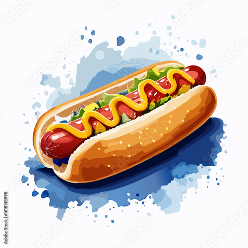 Vibrant watercolor illustration of a classic hot dog with mustard and relish in a sesame seed bun.
