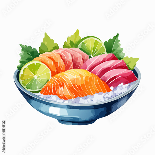 Vibrant Japanese sashimi donburi bowl with fresh salmon, tuna, rice, and lime garnish, in a watercolor style.