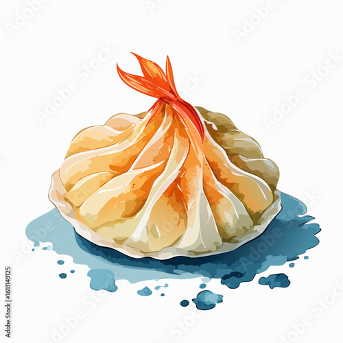 A single steamed shrimp dumpling with a pleated wrapper and orange tail, in a watercolor style.