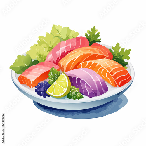 Colorful Japanese sashimi platter illustration with sliced raw tuna, salmon, fresh lime, and greens.