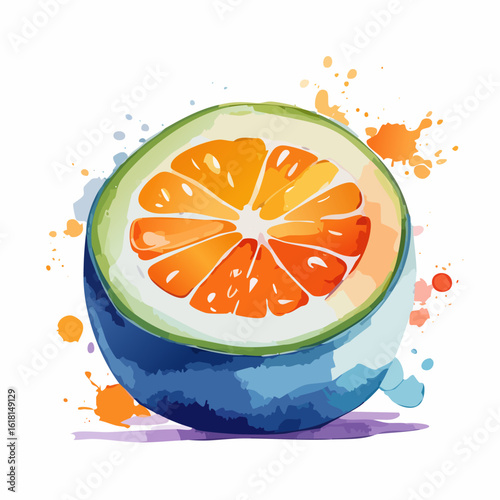 Vibrant watercolor illustration of a halved citrus fruit with a unique blue and green peel and orange pulp.