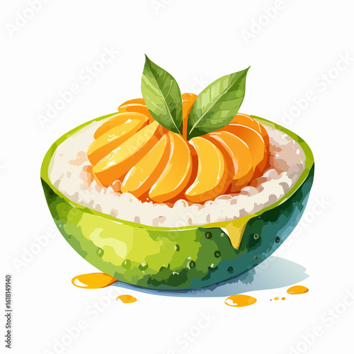 A vibrant watercolor illustration of a tropical mango sticky rice dessert served inside a hollowed green fruit shell, topped with fresh mint leaves.