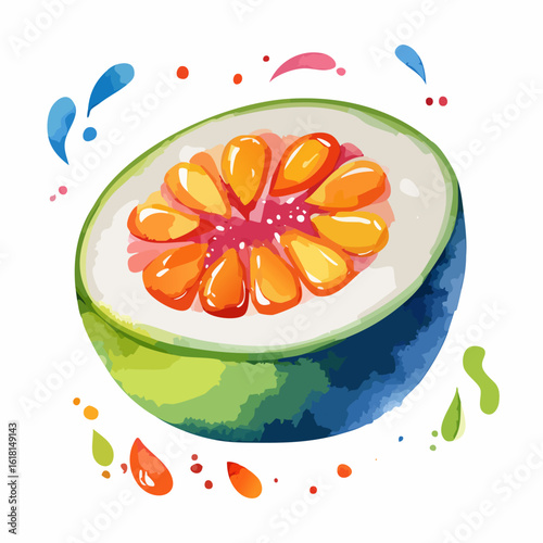 Vibrant watercolor illustration of a halved fig with colorful splashes and orange seeds.