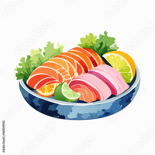 Vibrant Illustration of a Sashimi Bowl with Salmon, Tuna, Lettuce, and Citrus Slices