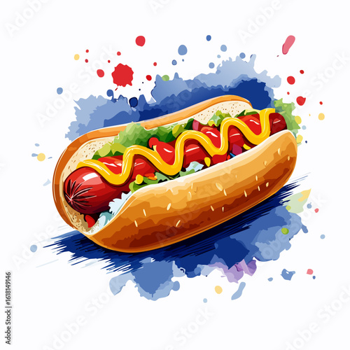 Artistic watercolor illustration of a classic hot dog with mustard, ketchup, and lettuce in a toasted bun.