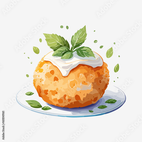 Golden-fried savory ball with a creamy white sauce topping and fresh basil leaf garnish.