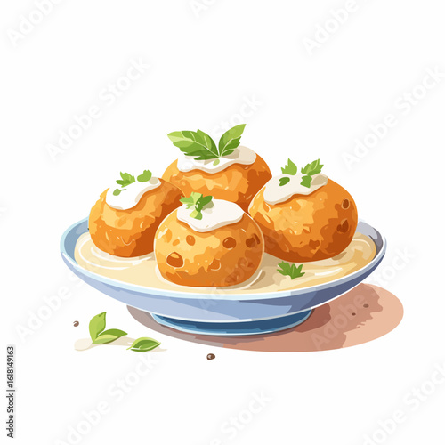 Golden fried potato balls in a creamy sauce, garnished with fresh herbs and a dollop of cream.