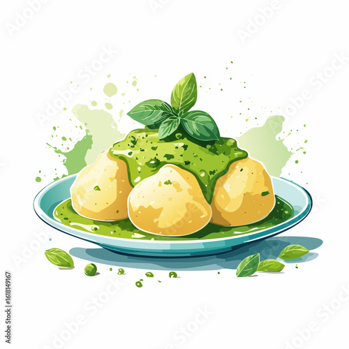 Plate of potato gnocchi dumplings with vibrant green pesto sauce and a fresh basil garnish.