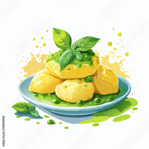 Plate of freshly made potato gnocchi with vibrant green pesto sauce, topped with fresh basil leaves.