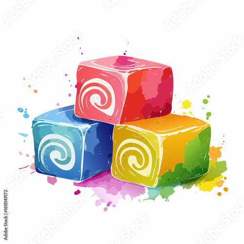 A vibrant stack of three colorful, cube-shaped candies with swirl designs, rendered in a playful watercolor style.
