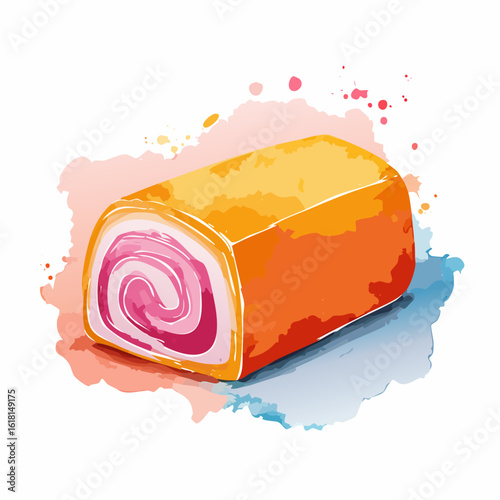 Watercolor illustration of a golden swiss roll cake with a pink cream spiral filling.