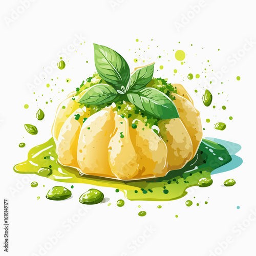 Watercolor illustration of a savory fluted dish, possibly gnocchi or polenta, topped with vibrant green pesto sauce and a fresh basil sprig.