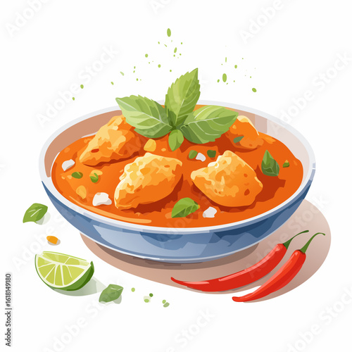 A flavorful bowl of orange curry with tender chunks, garnished with fresh basil, lime, and spicy red chili peppers.