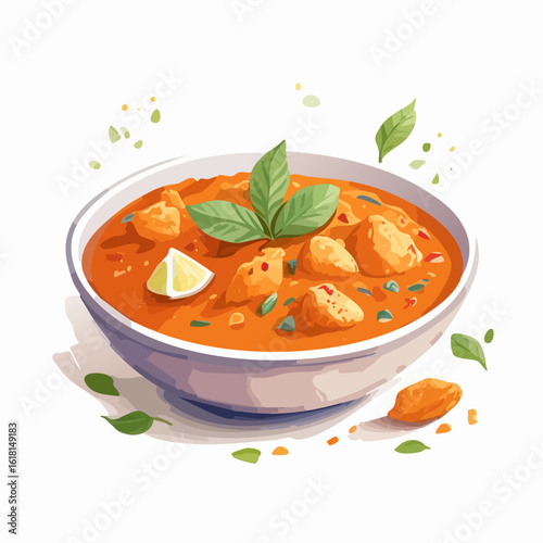 Appetizing bowl of orange chicken curry stew, garnished with fresh basil leaves and a lemon wedge.