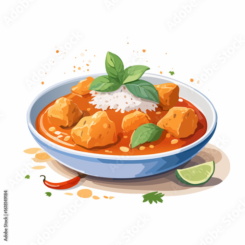A vibrant bowl of orange curry with rice and fresh basil garnish, served with lime and chili.